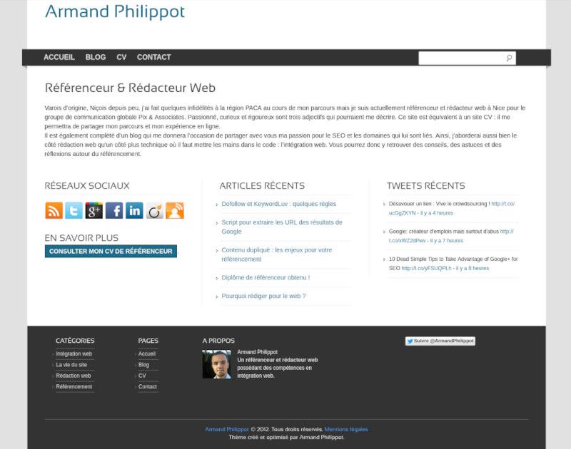 Une capture d’écran datant de 2012 de mon site construit avec WordPress