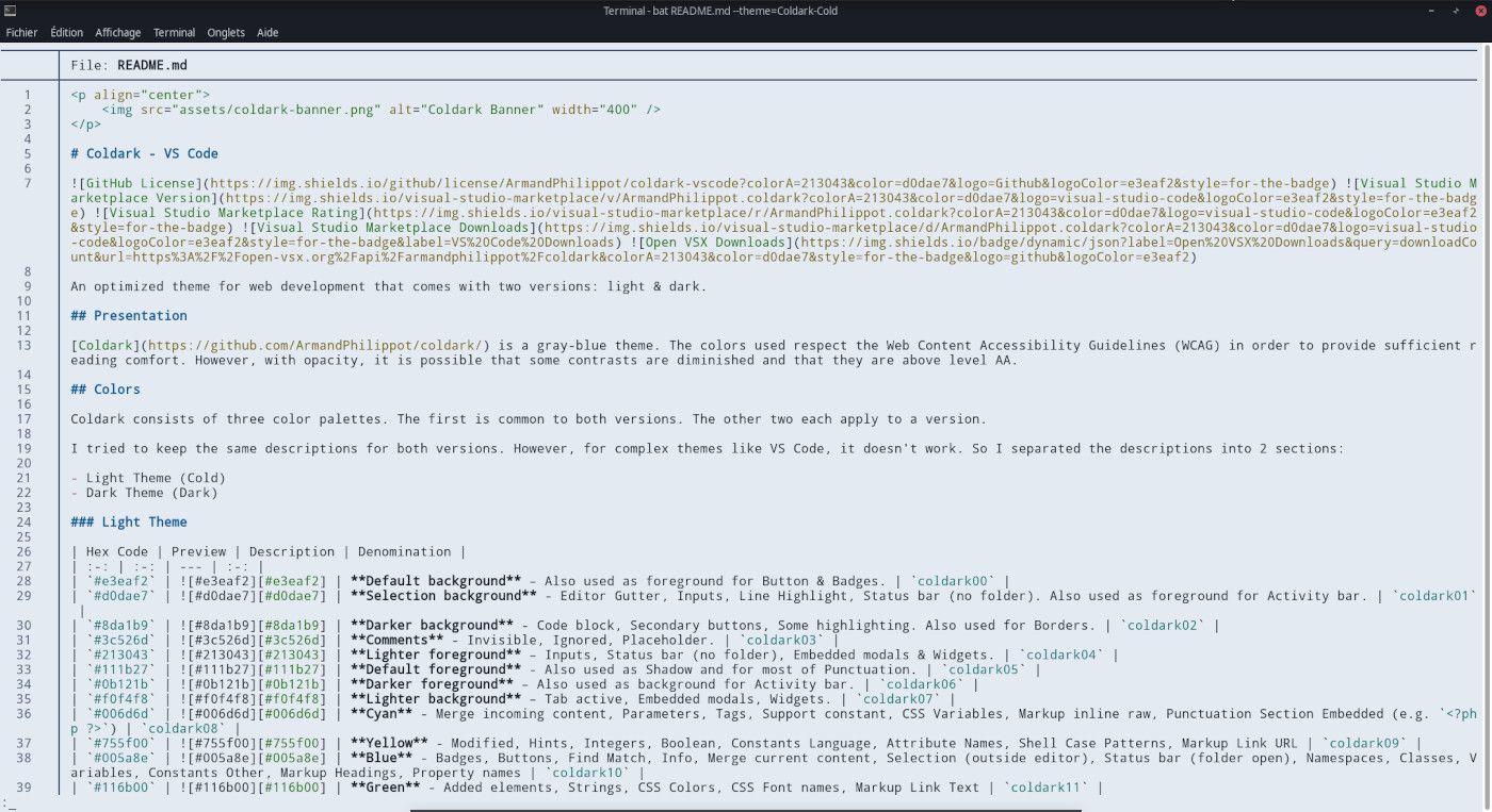 Aperçu d’un fichier Markdown dans Bat avec Coldark Cold
