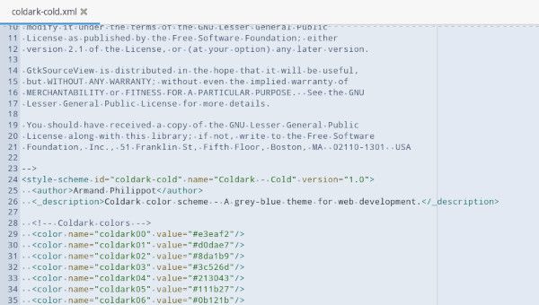 Aperçu d’un fichier XML dans Mousepad avec Coldark Cold