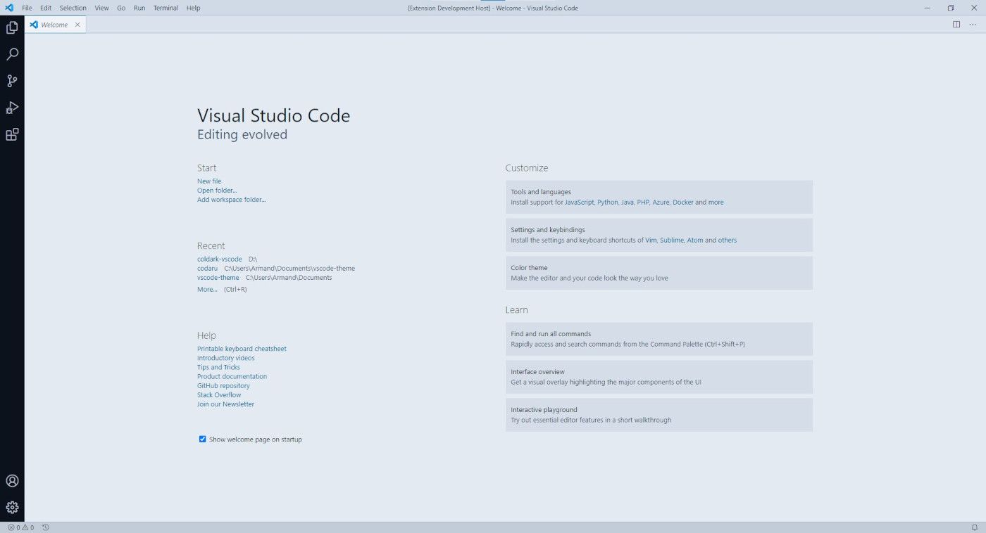 Aperçu de l’écran d’accueil de VS Code avec Coldark Cold