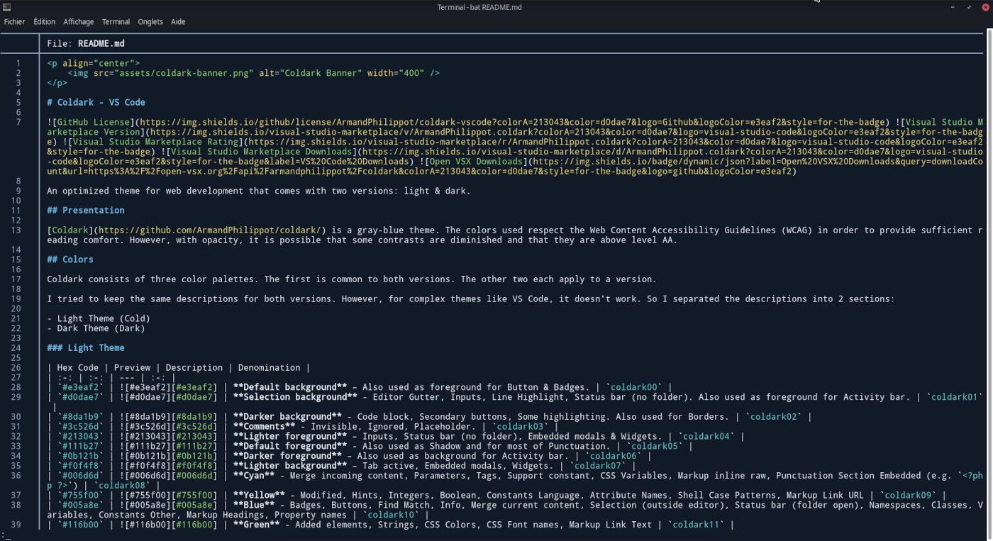 Aperçu d’un fichier Markdown dans Bat avec Coldark Dark