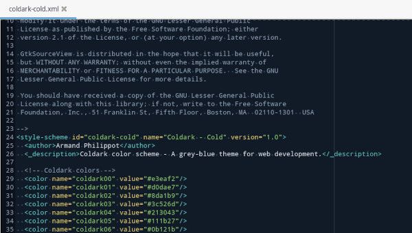 Aperçu d’un fichier XML dans Mousepad avec Coldark Dark
