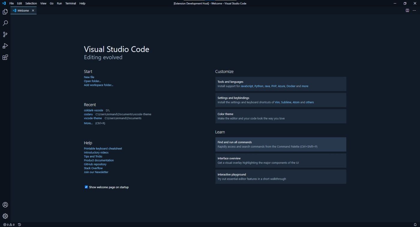 Aperçu de l’écran d’accueil de VS Code avec Coldark Dark