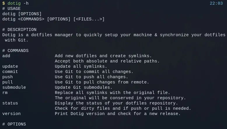 Capture d’écran du retour produit par l’option -h ("help") de Dotig