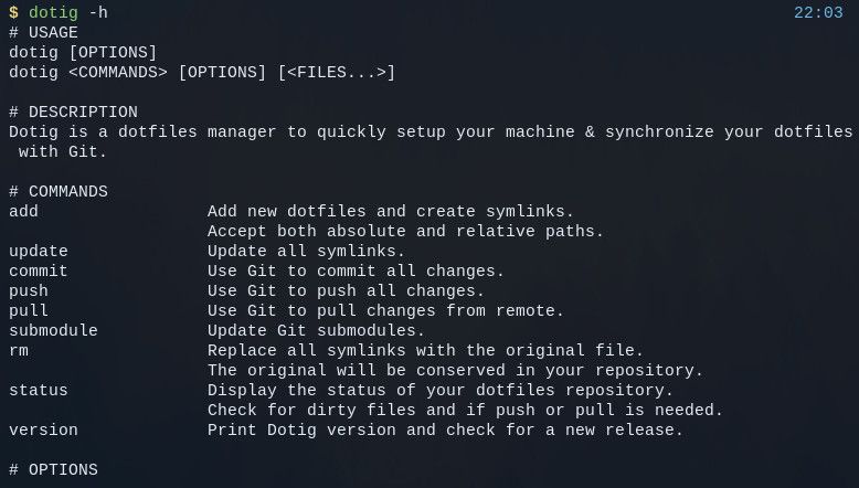 Capture d’écran du retour produit par l’option -h ("help") de Dotig