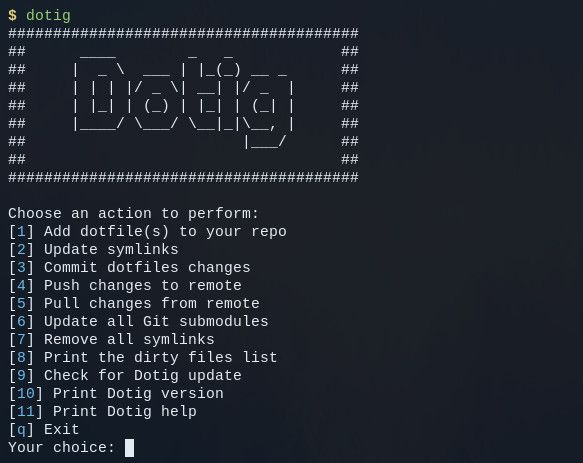 Capture d’écran du menu de Dotig affiché dans un terminal