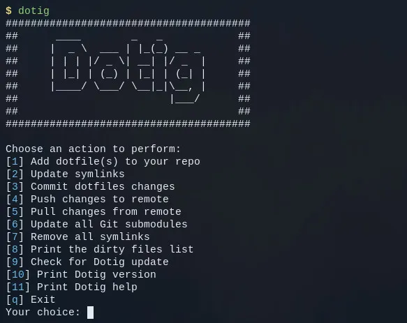 Capture d’écran du menu de Dotig affiché dans un terminal