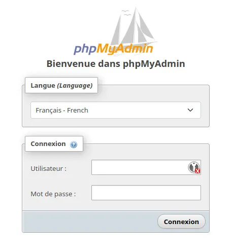 Capture d’écran de la page d’accueil de PHPMyAdmin avec son formulaire de connexion