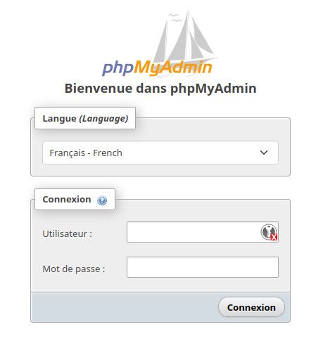 Screenshot of the PHPMyAdmin homepage with its login form